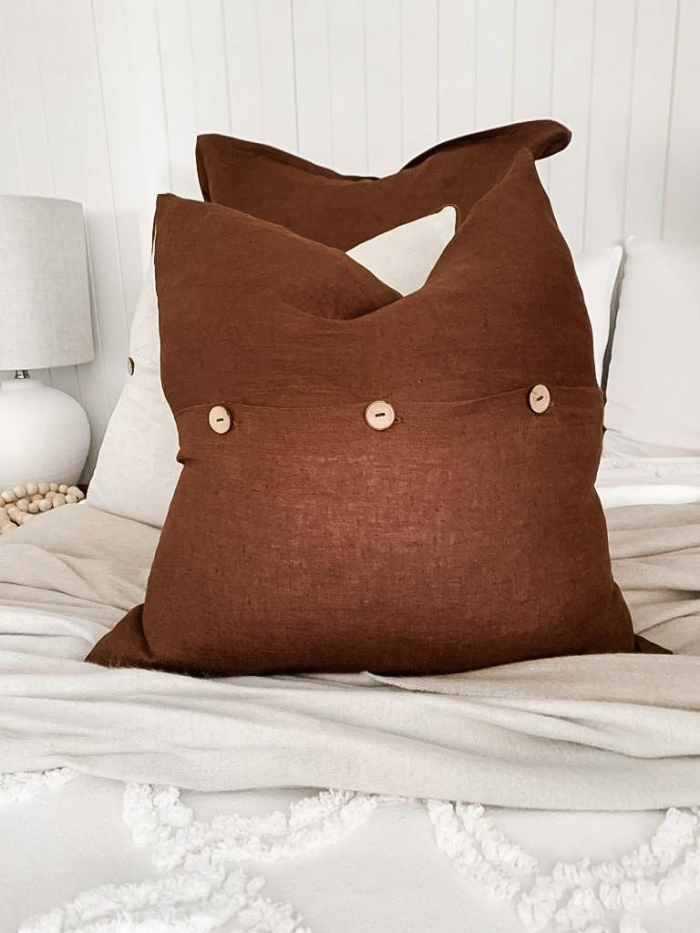 Coffee linen, Coffee linen cushion covers, pure linen cushion covers, French linen cushions, affordable linen cushion covers, linen cushion cover with buttons, wooden buttons, earthy tones bedroom styling, bedroom cushion styles, living room cushions, linen living room cushions