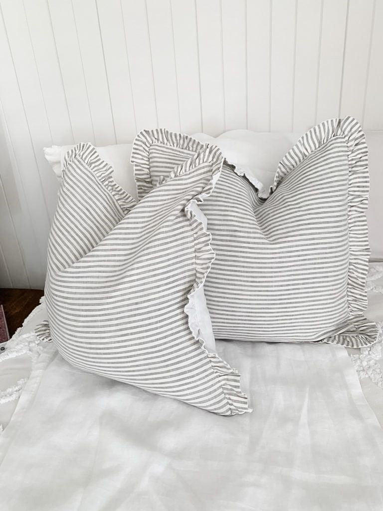Pure Linen Reversible Ruffle Cushion Cover - Grey Stripe - White