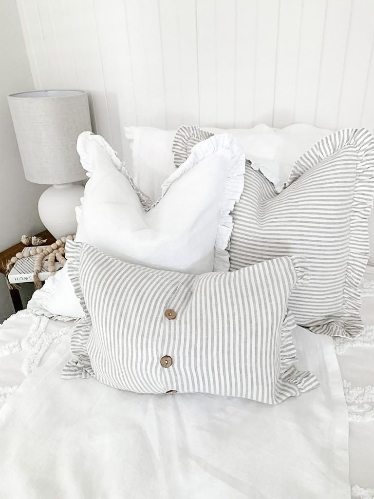Pure Linen Reversible Ruffle Cushion Cover - Grey Stripe - White