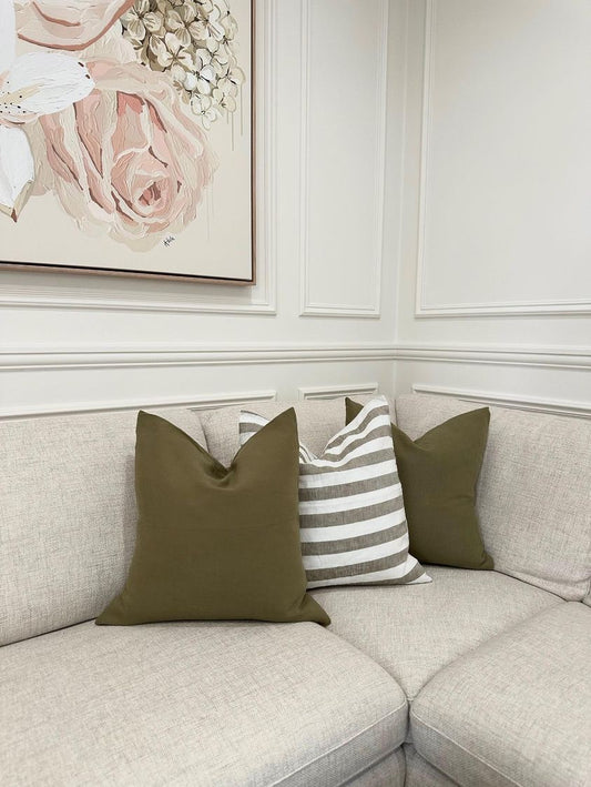 Pure Linen Cushion Cover - Wide Olive Stripe