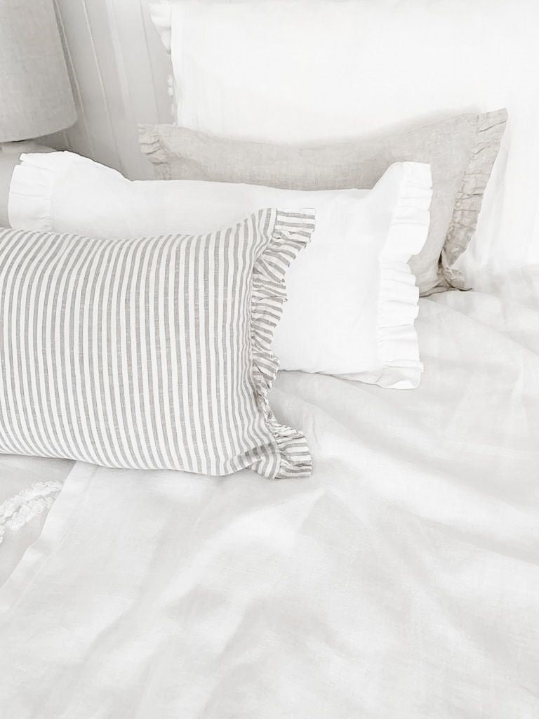 Pure French Linen Lumbar Cushion Cover with Ruffle Ends - White 30 x 50cm