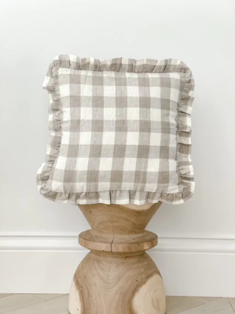 Pure Linen Reversible Ruffle Cushion Cover - Natural Gingham - Natural