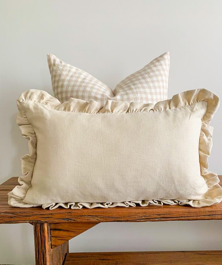 Pure French Linen Lumbar Ruffle Cushion Cover - Oatmeal - DISCOUNTED 20% OFF