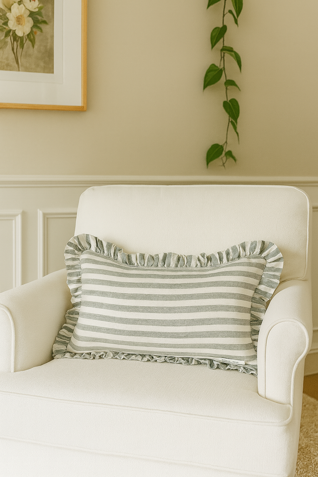 Pure French Linen Ruffle Lumbar - Sage Stripe