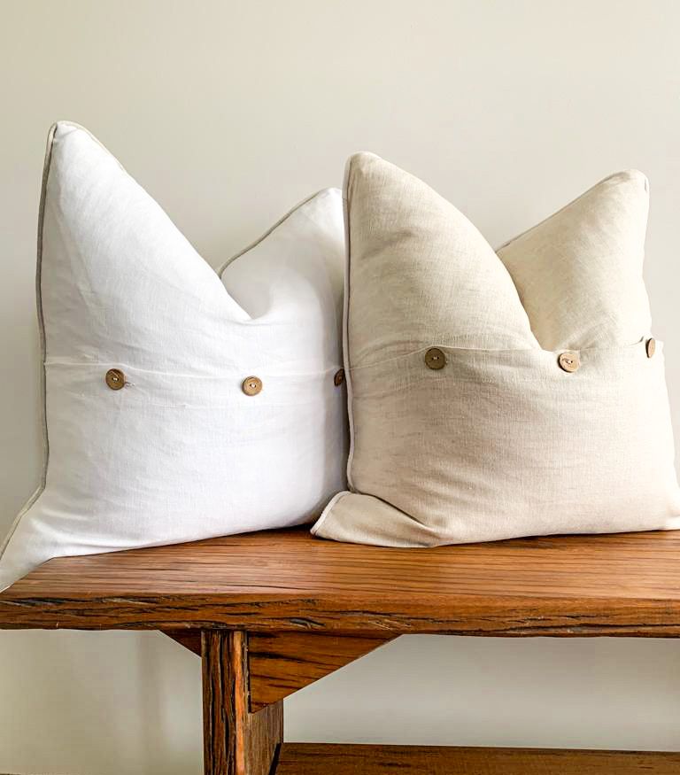 Pure French Linen Cushion Cover with Piped Edge - Natural with White Piping