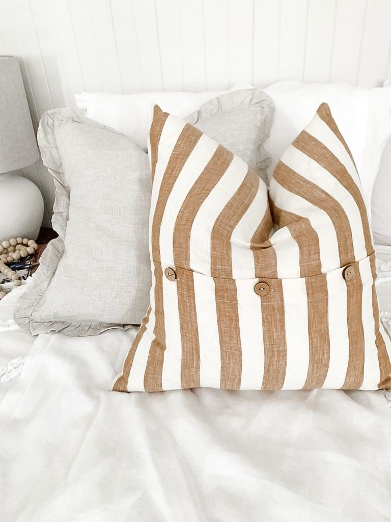 Pure Linen Cushion Cover - Toffee Wide Stripe
