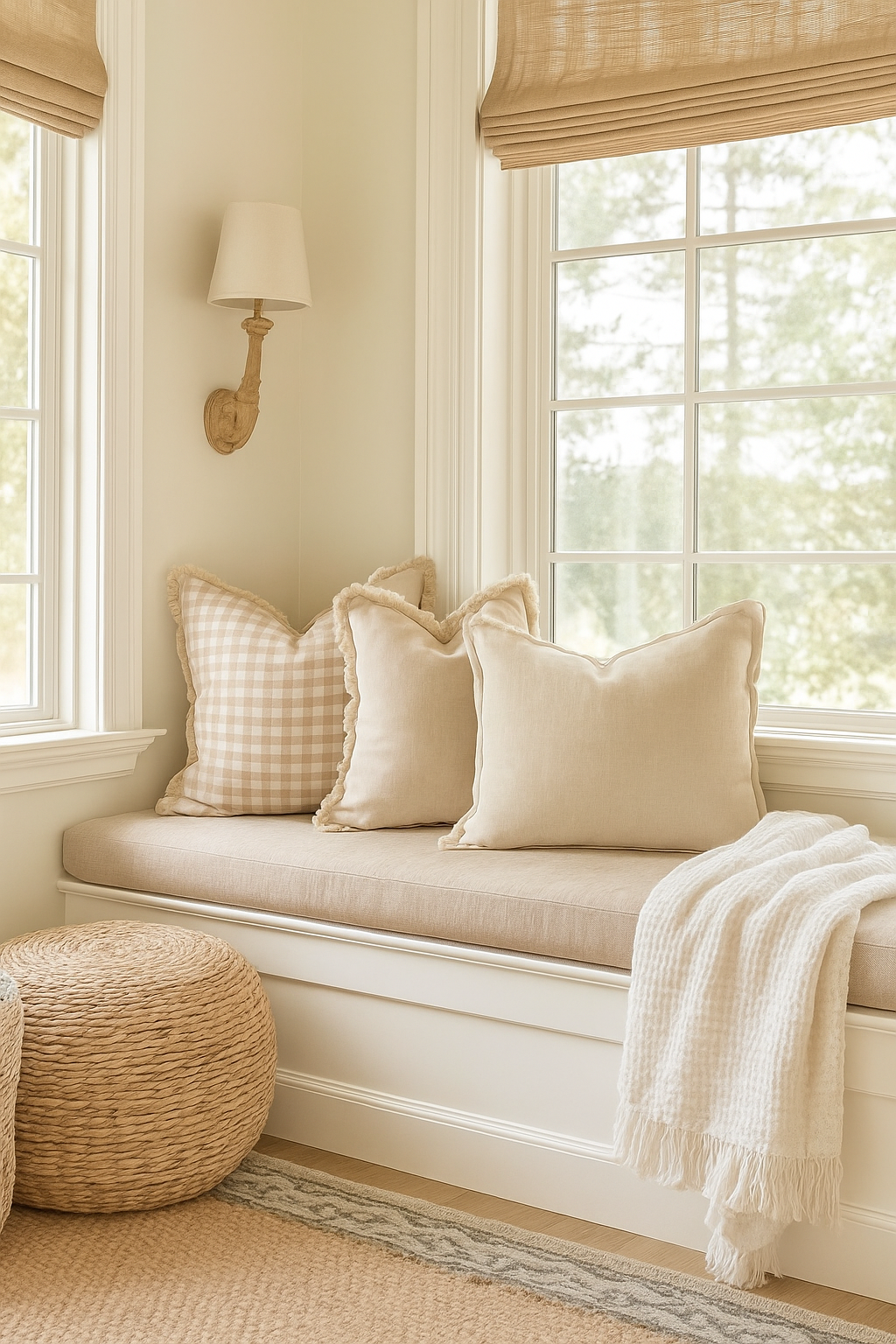 Pure French Linen Frayed Edge Ruffle Cushion Cover - Beige Gingham