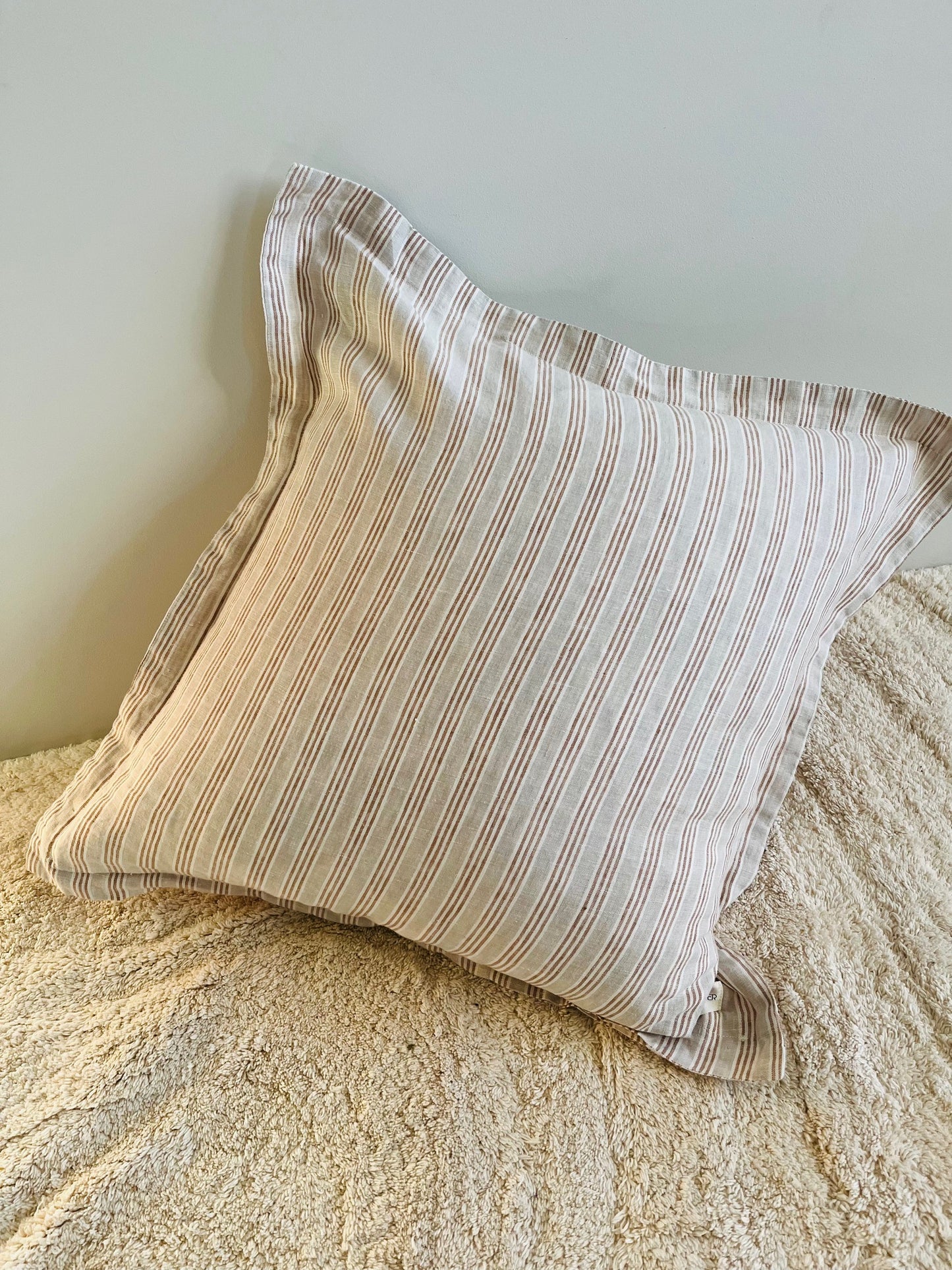 Pure French Linen Cushion Cover with Flange Detail - Biscuit Stripe