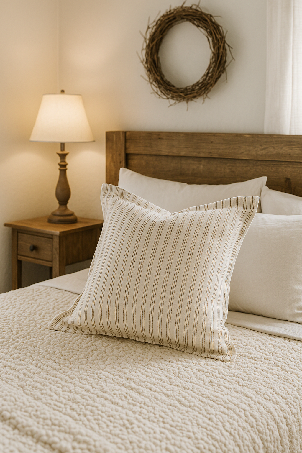 Pure French Linen Cushion Cover with Flange Detail - Biscuit Stripe