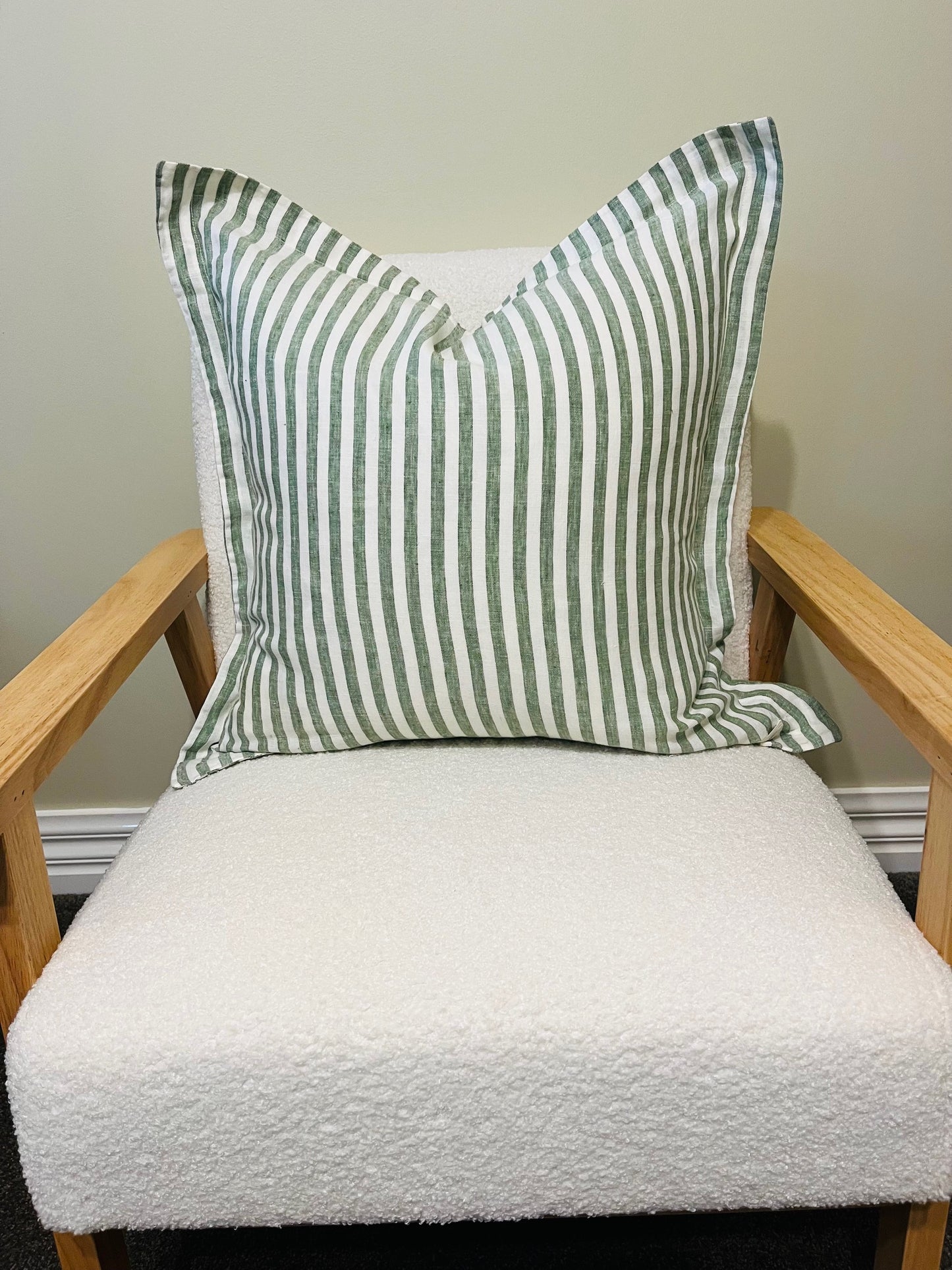 Pure French Linen Cushion Cover with Flange Detail - Celtic Green Stripe