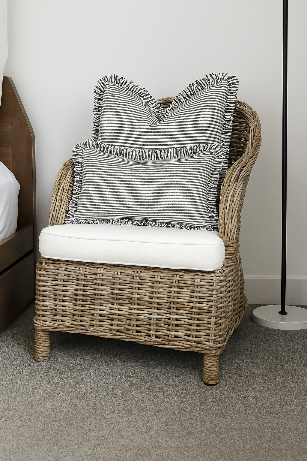 Pure French Linen Ruffle Lumbar - Charcoal Pinstripes