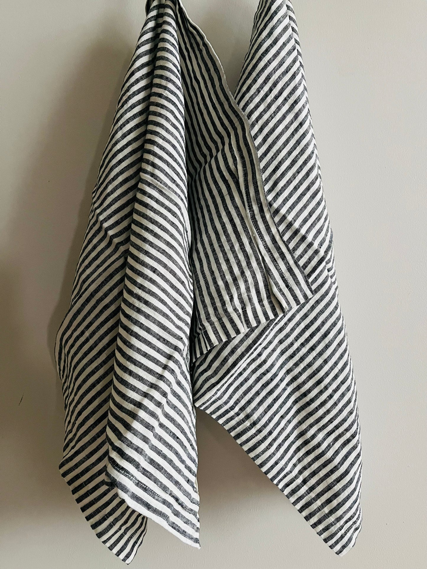 Pure French Linen Tea Towel - Charcoal Pinstripes