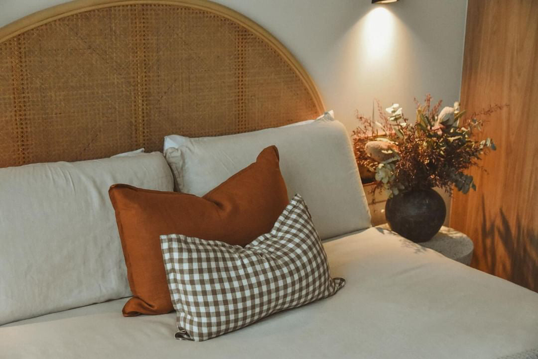 Pure French Linen Lumbar Cushion Cover with Flange Detail - Chocolate Gingham