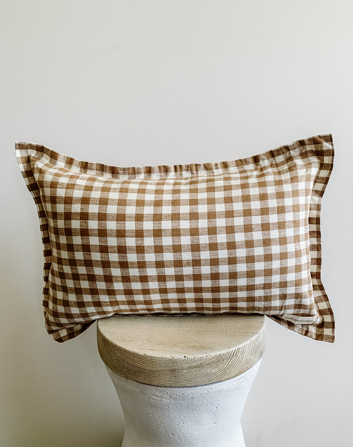 Pure French Linen Lumbar Cushion Cover with Flange Detail - Chocolate Gingham