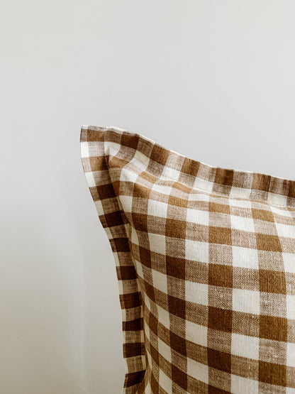 Pure French Linen Lumbar with Flange Detail - Chocolate Gingham