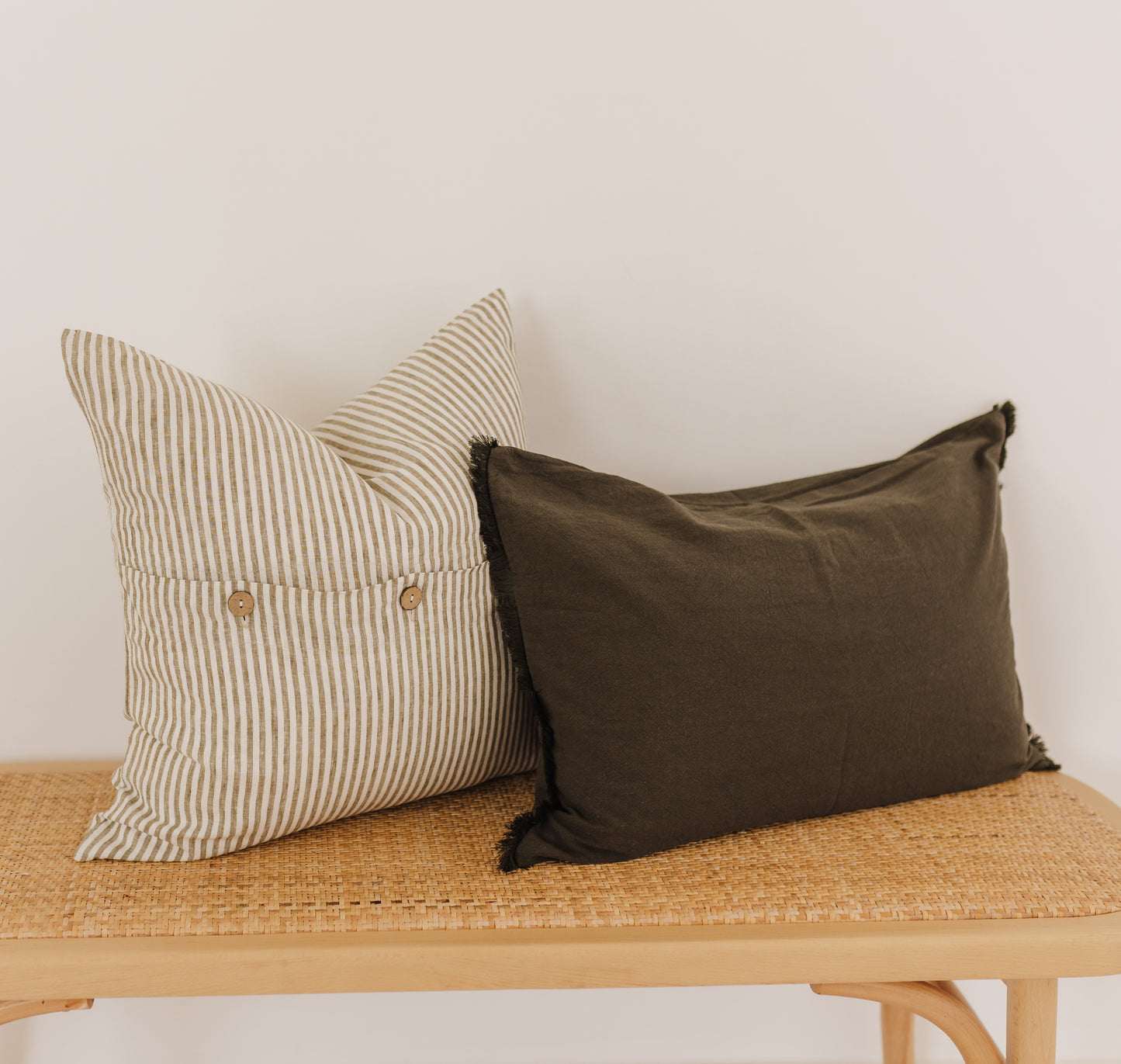 Pure French Linen Cushion Cover - Olive Pinstripe