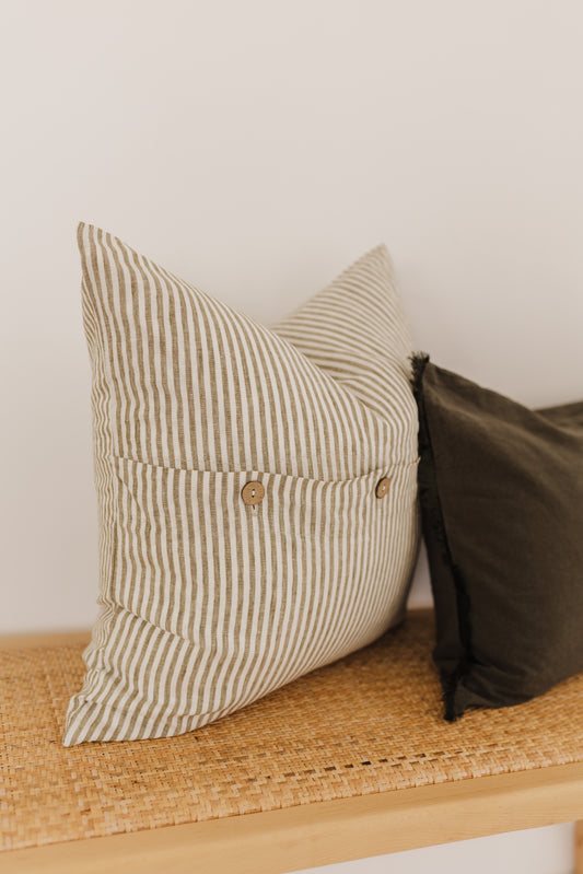 Pure French Linen Cushion Cover - Olive Pinstripe