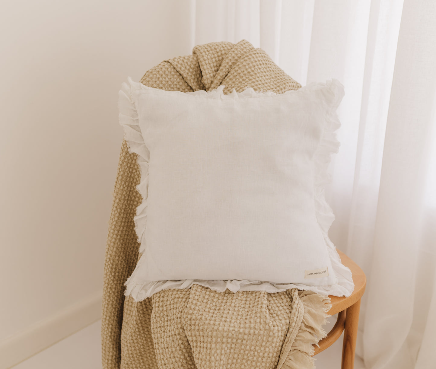 Pure French Linen Frayed Edge Ruffle Cushion Cover - White