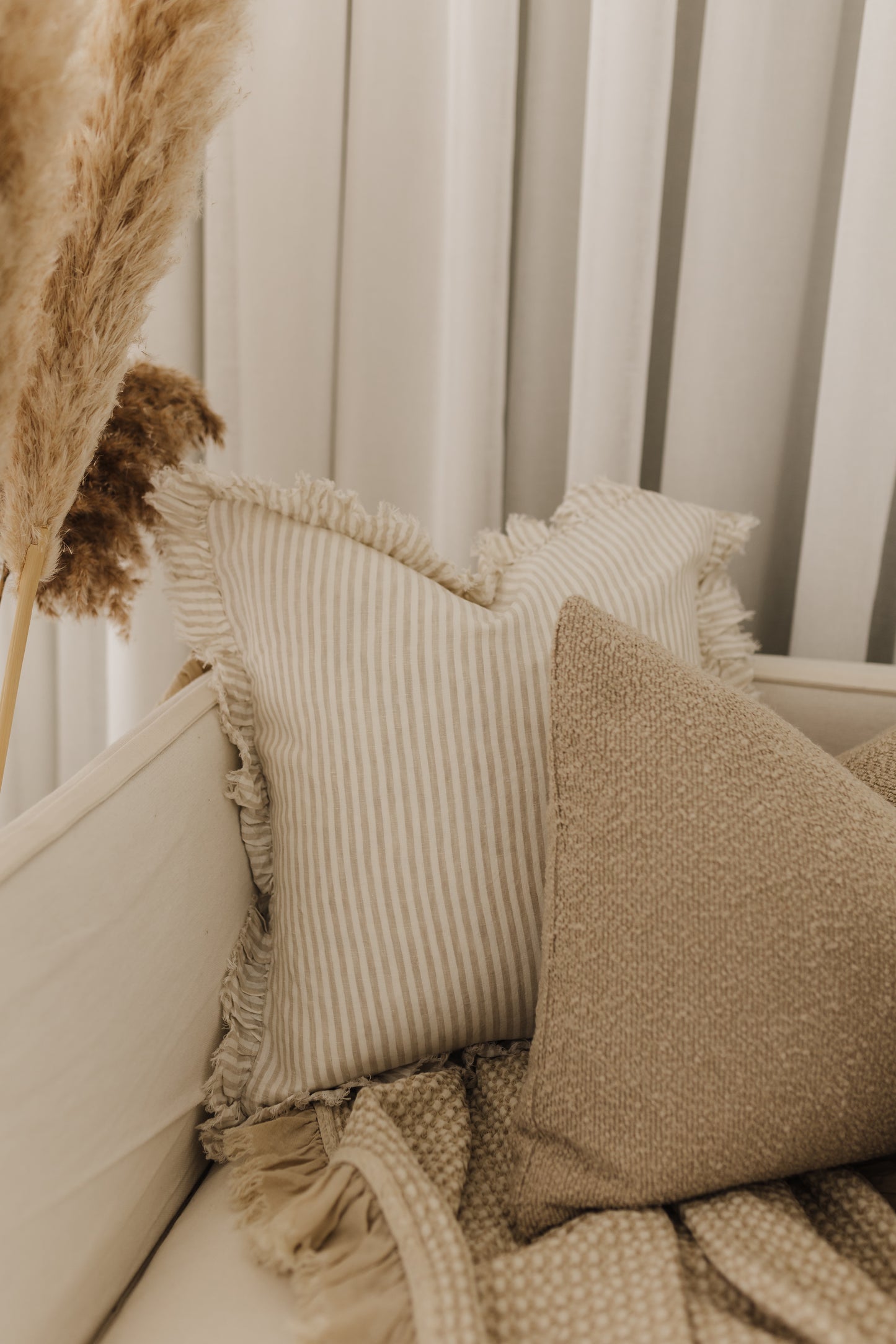 Pure French Linen Frayed Edge Ruffle Cushion Cover - Nature Pinstripes