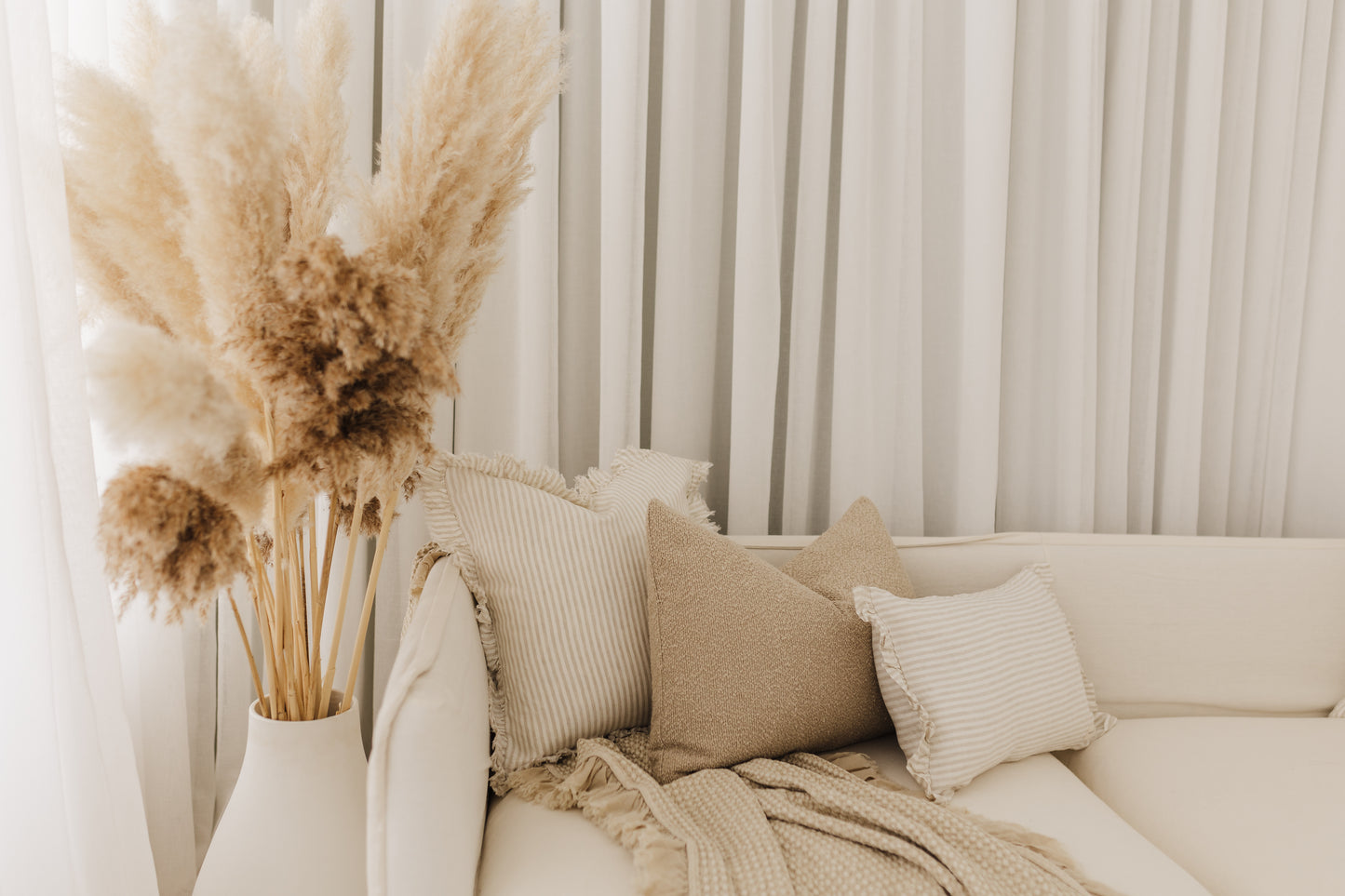 Pure French Linen Frayed Edge Ruffle Cushion Cover - Nature Pinstripes