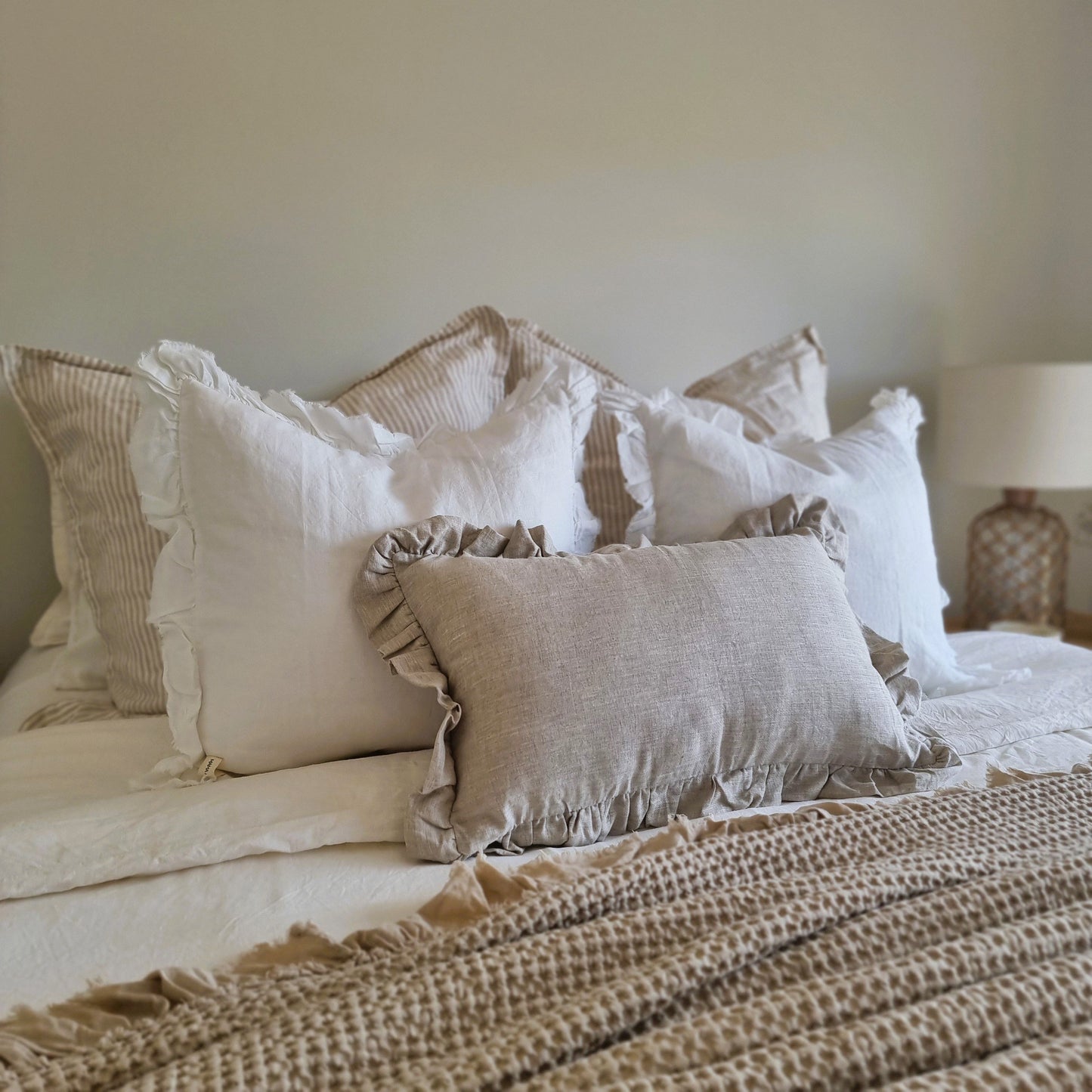 Pure French Linen Ruffle Lumbar Cushion - Natural