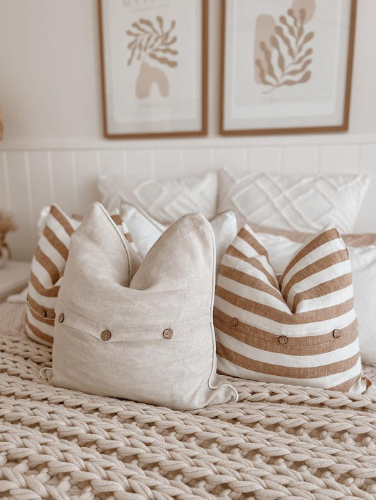 Pure Linen Cushion Cover - Toffee Wide Stripe