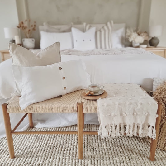 Natural cushion cover with White piping, Natural linen piped cushion cover, Pure linen cushion covers, 100% French Linen cushion covers, Piped cushion cover with wooden buttons, bedroom cushions, living room cushions, Hamptons cushions, Coastal linen cushion covers, Coastal cushion styling, Pure natural cushion covers, Natural linen, white piped cushion covers, bed cushions, throw cushions linen throw cushions
