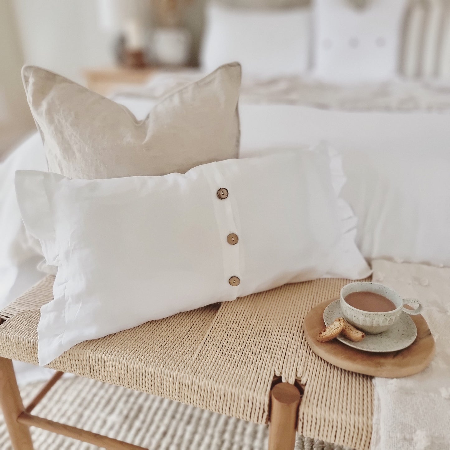 Pure French Linen Lumbar Cushion Cover with Ruffle Ends - White 30 x 50cm