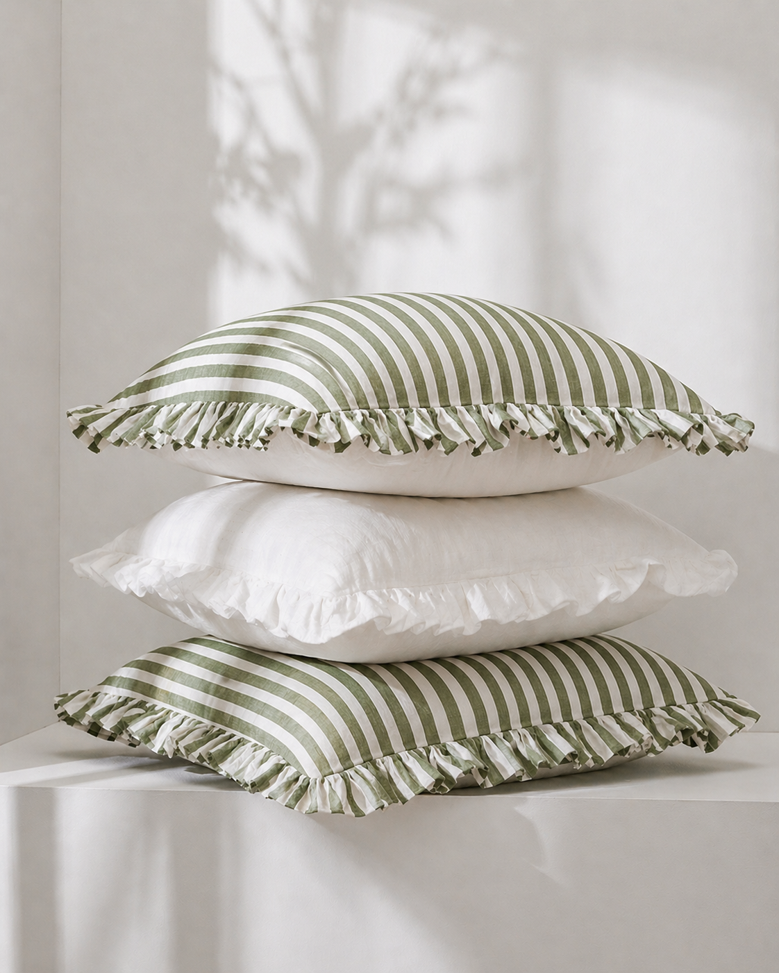Pure Linen Reversible Ruffle Cushion Cover - Celtic Green Stripe - White
