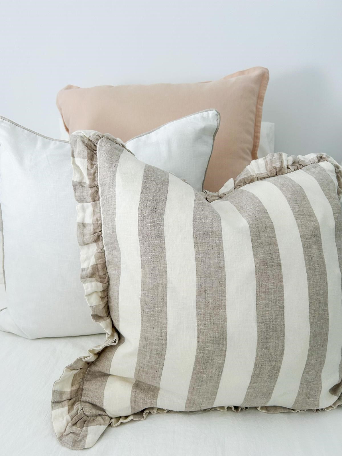 Pure Linen Reversible Ruffle Cushion Cover - Natural Wide Stripe - Natural