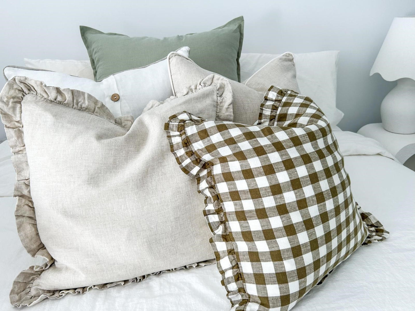 Pure Linen Reversible Ruffle Cushion Cover - Olive Gingham - Warm White