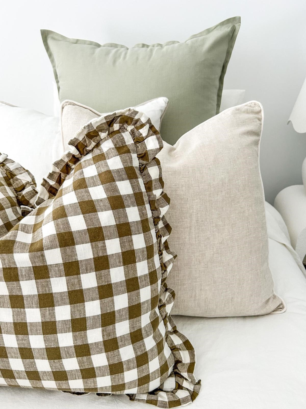 Pure Linen Reversible Ruffle Cushion Cover - Olive Gingham - Warm White