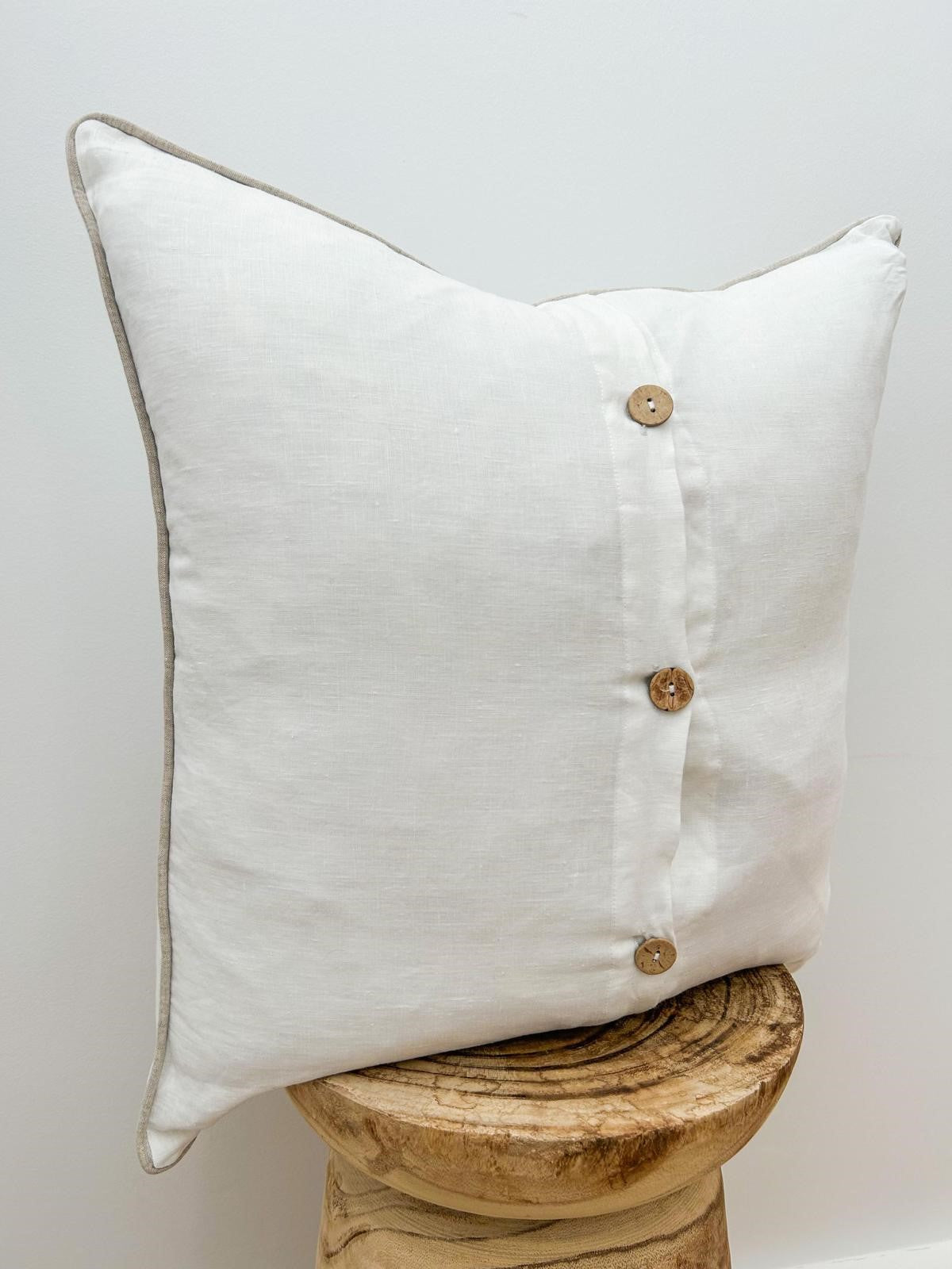 Pure French Linen Cushion Cover with Piped Edge - White with Natural Piping
