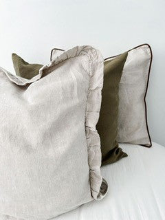 Pure Linen Reversible Ruffle Cushion Cover - Natural Gingham - Natural