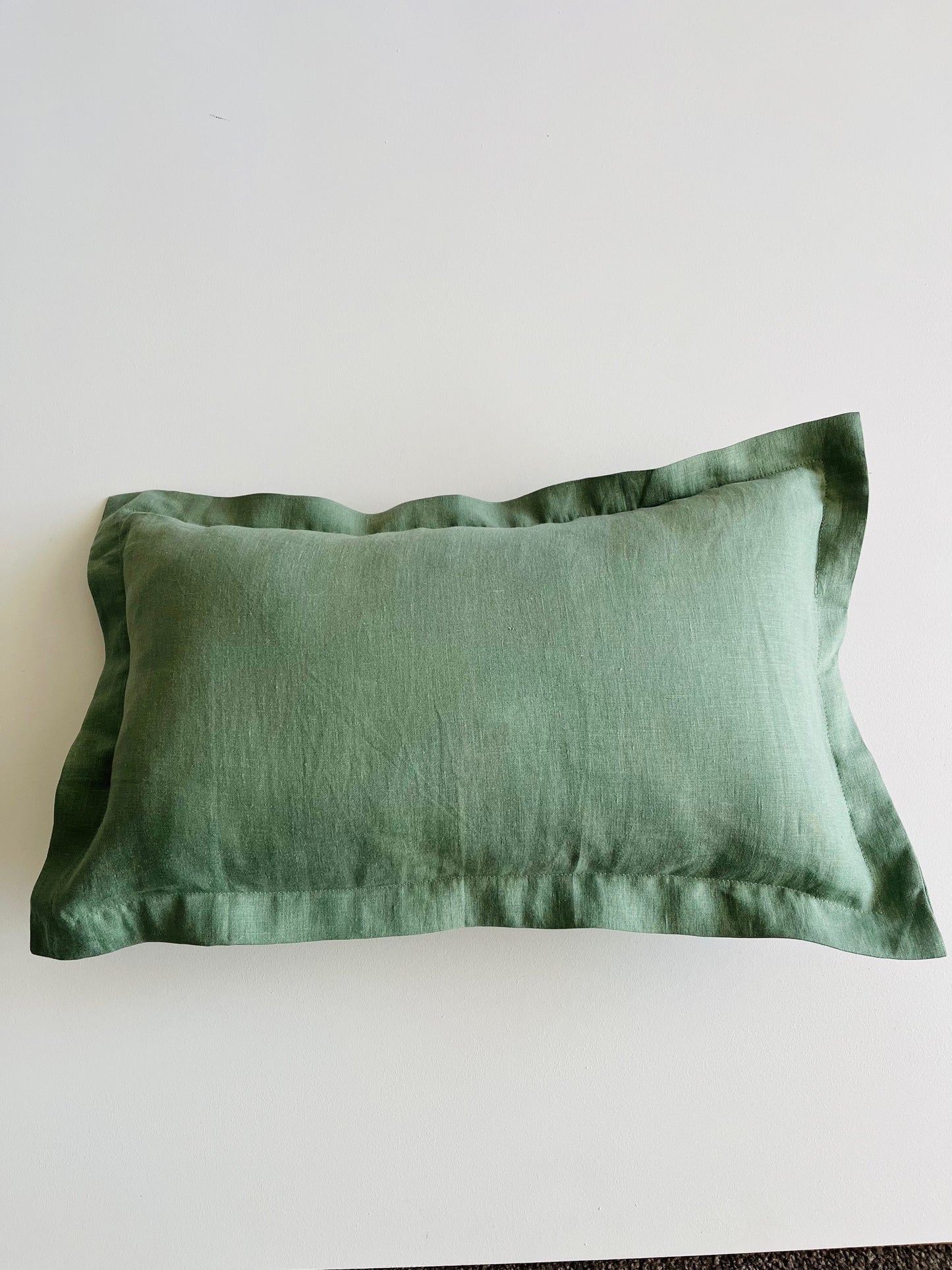 Pure French Linen Lumbar Cushion Cover with Flange Detail - Deep Sage