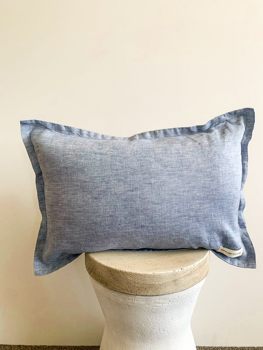 Pure French Linen Lumbar Cushion with Flange Detail - Denim