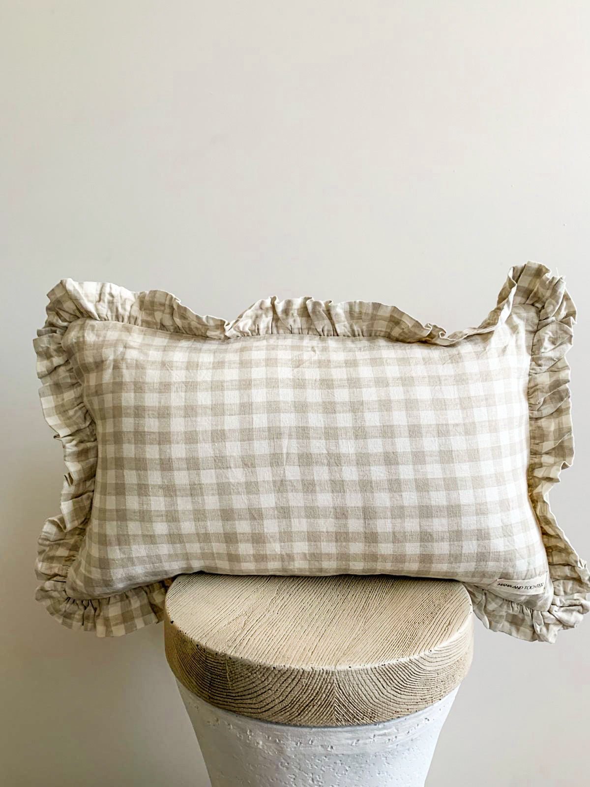 Pure French Linen Ruffle Lumbar - Dove Grey Gingham