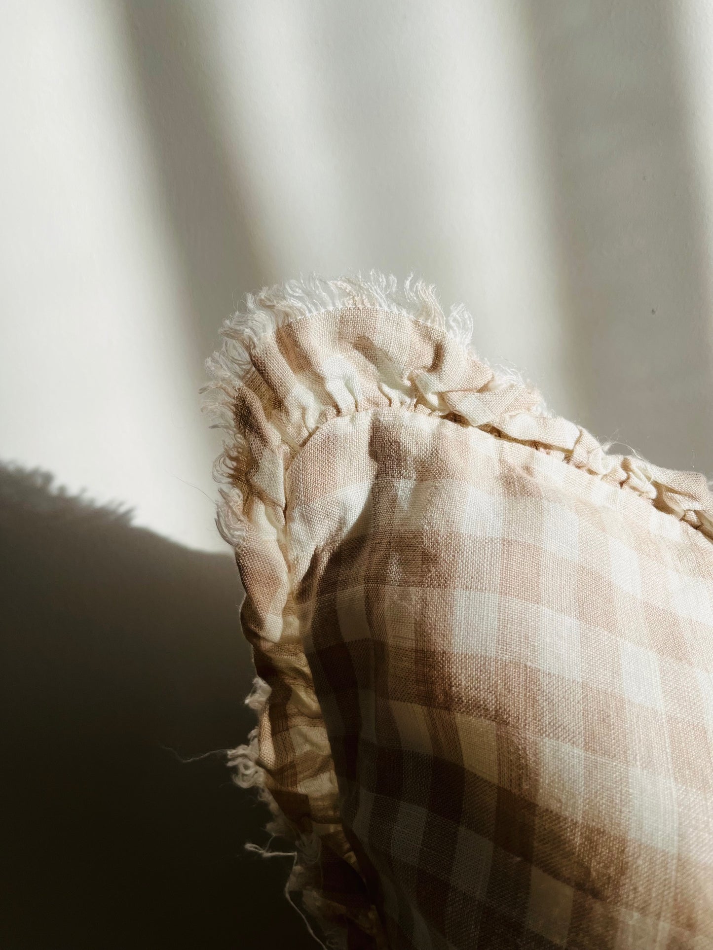 Pure French Linen Frayed Edge Ruffle Cushion Cover - Beige Gingham