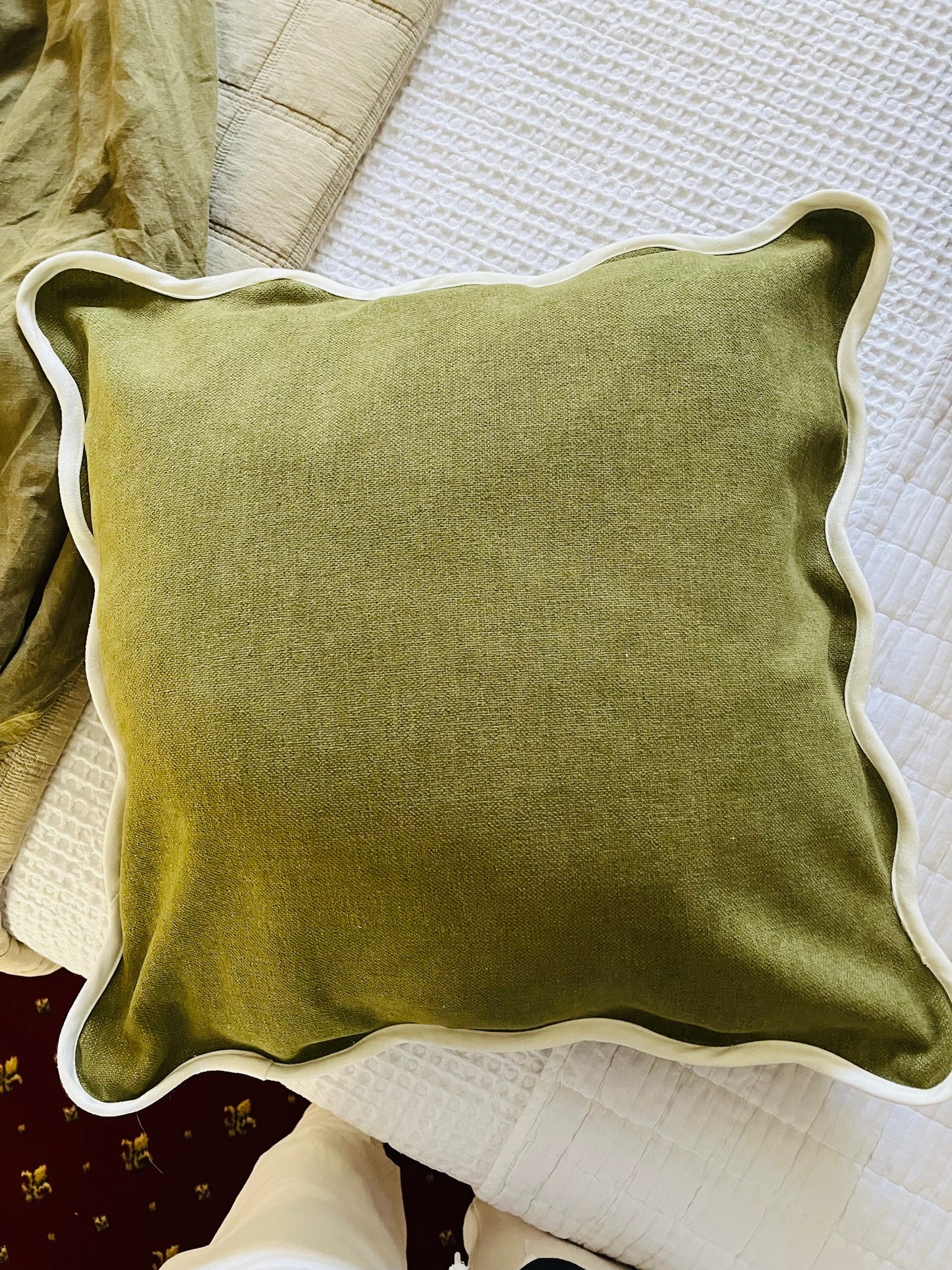 Velveteen Piped Scallop Edge Cushion Cover - Olive Green