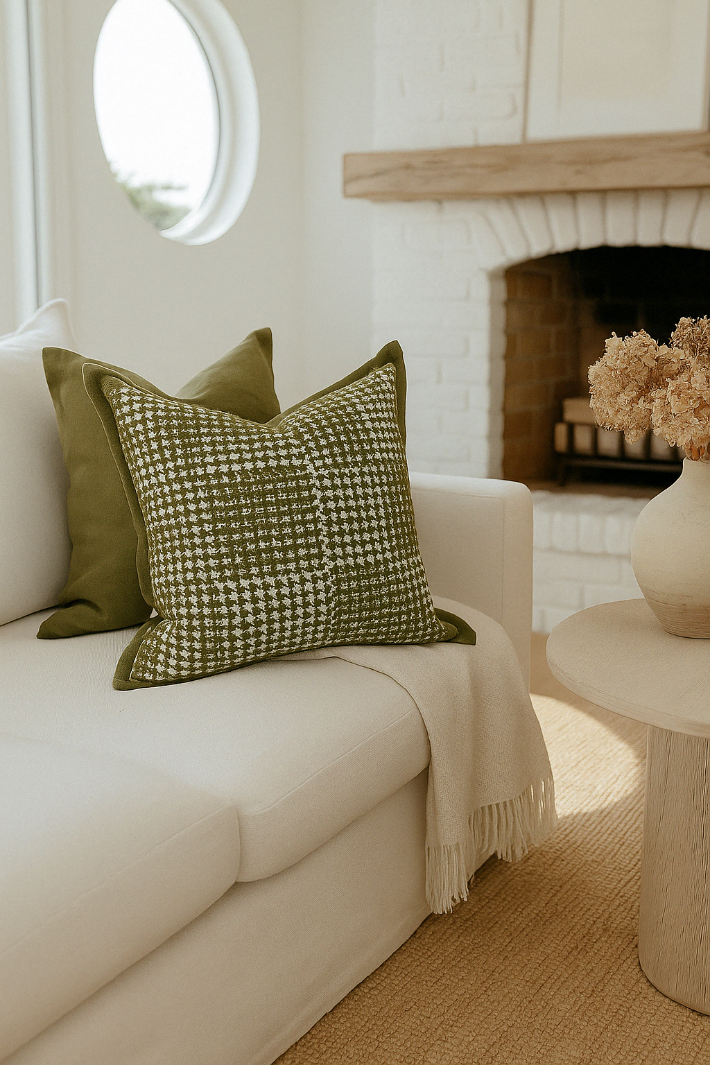 Velvet Houndstooth Cushion Cover - Olive Green