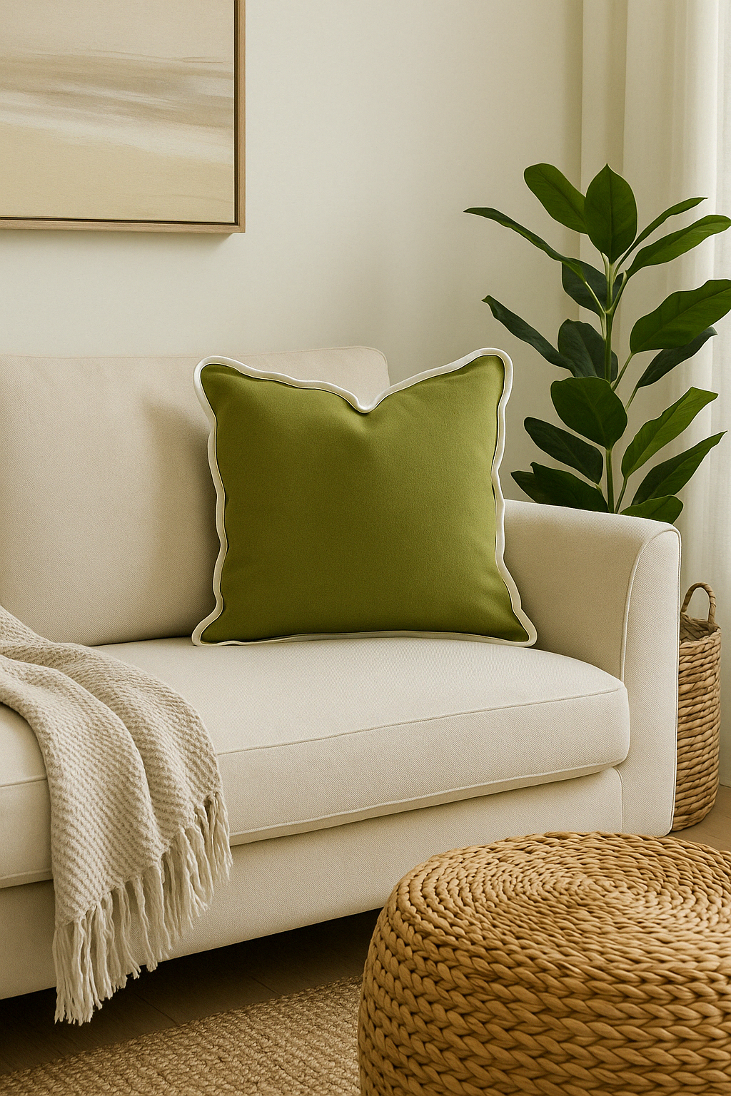 Velveteen Piped Scallop Edge Cushion Cover - Olive Green