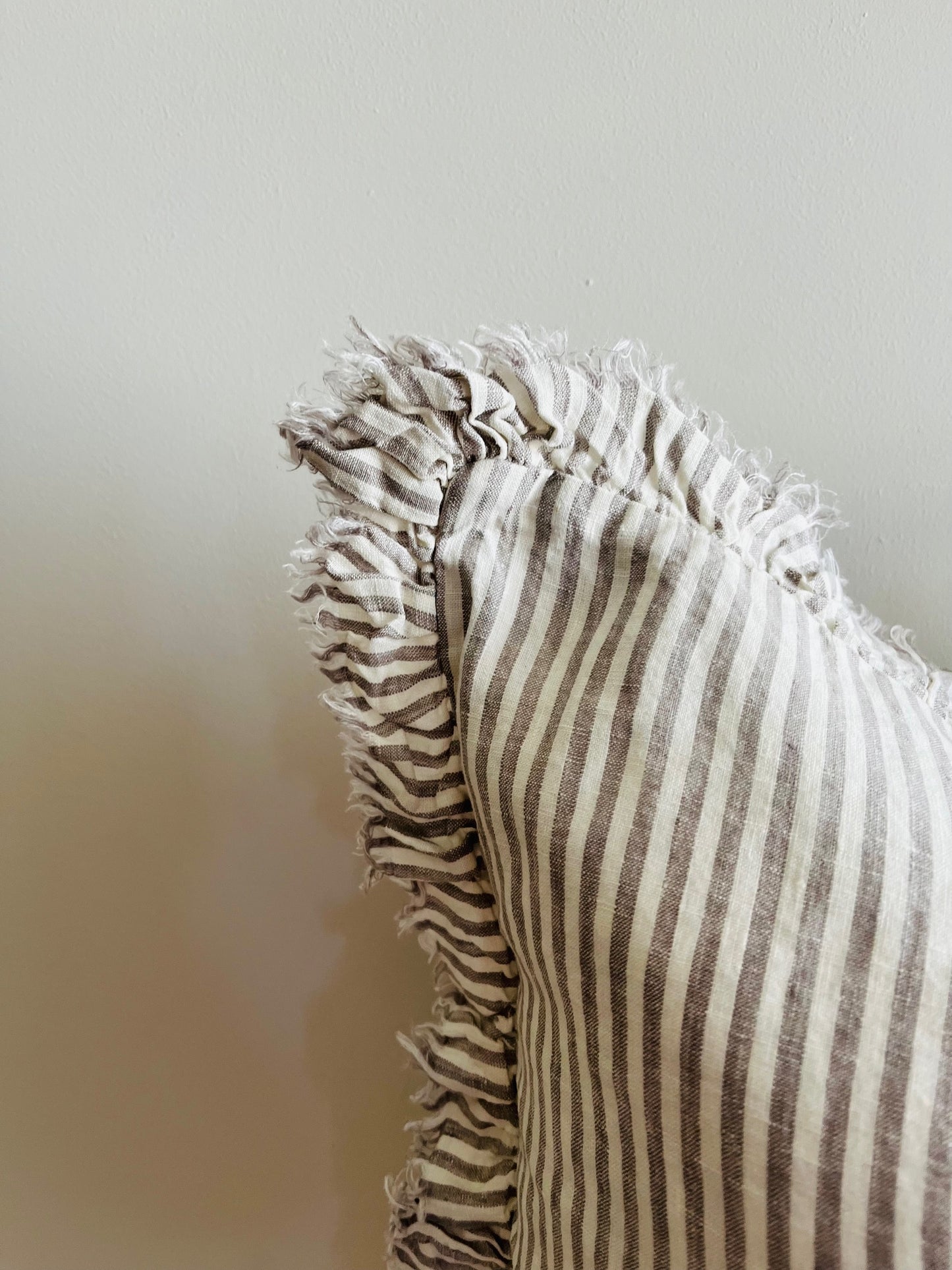 Pure French Linen Frayed Edge Ruffle Cushion Cover - Grey Stripe