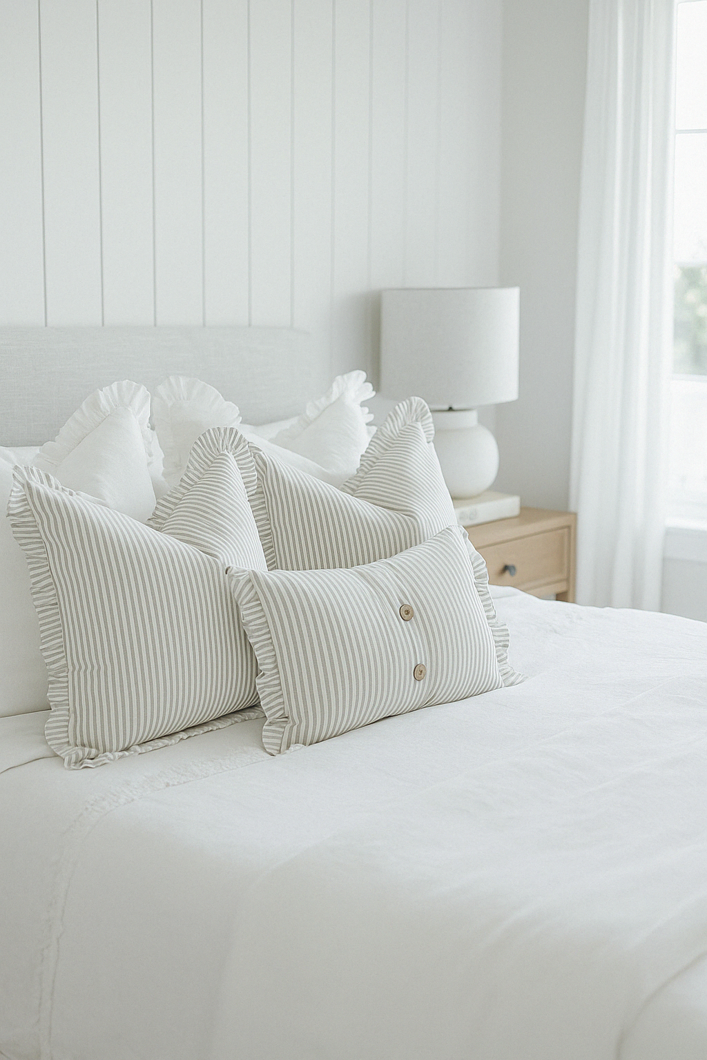 Pure Linen Reversible Ruffle Cushion Cover - Grey Stripe - White