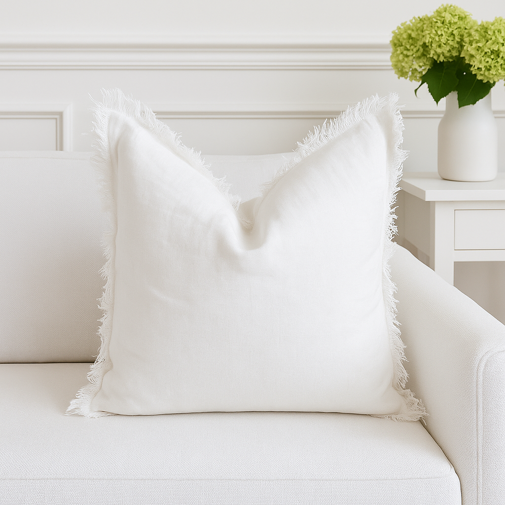 Hand Frayed Pure Linen Cushion Cover - White