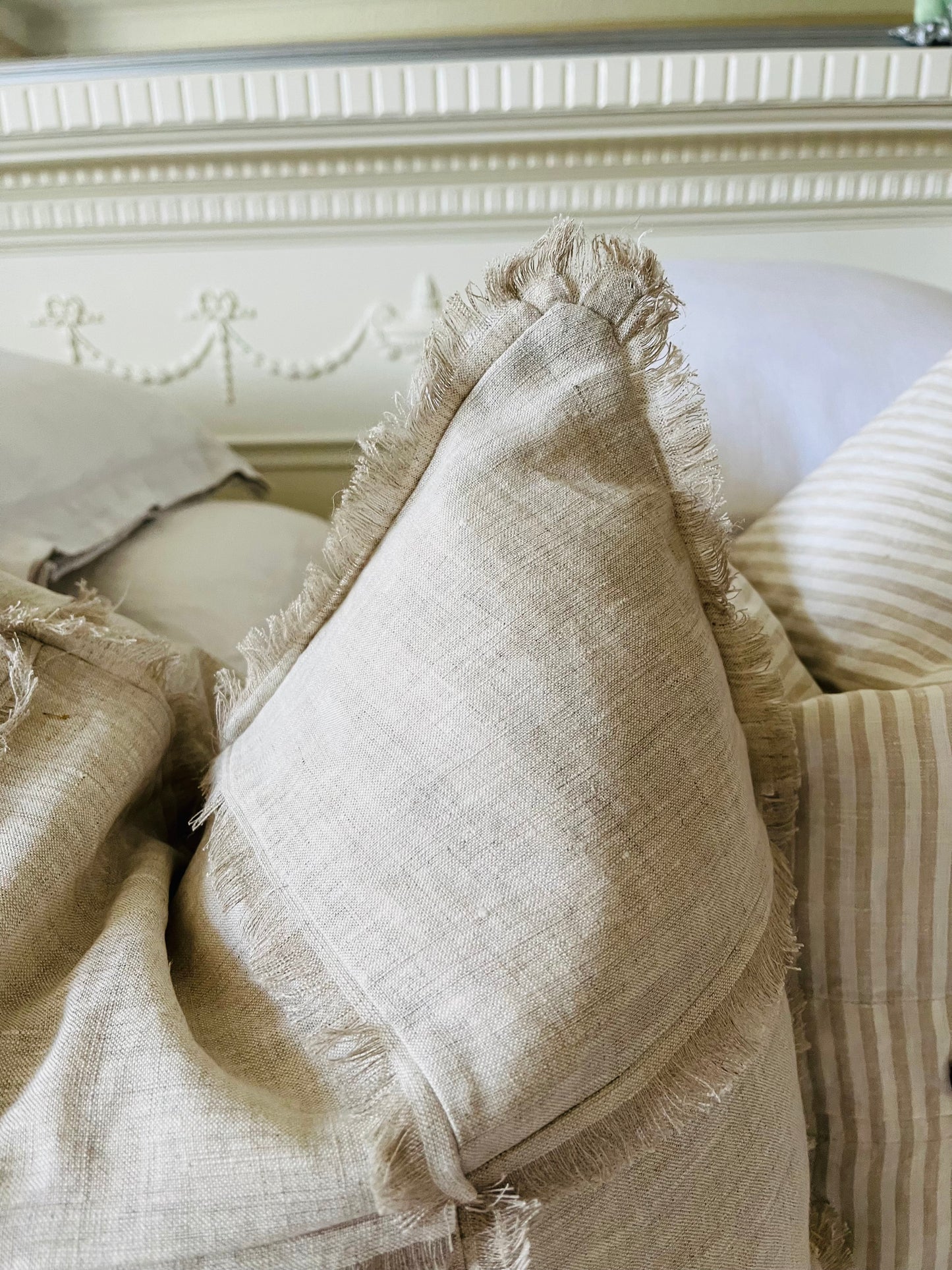 Hand Frayed Feature Design Pure Linen Cushion Cover - Natural