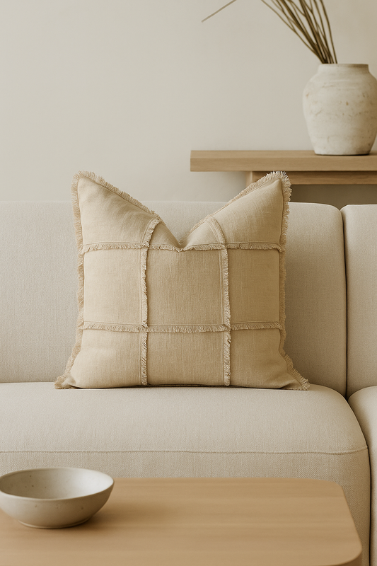 Hand Frayed Feature Design Pure Linen Cushion Cover - Natural