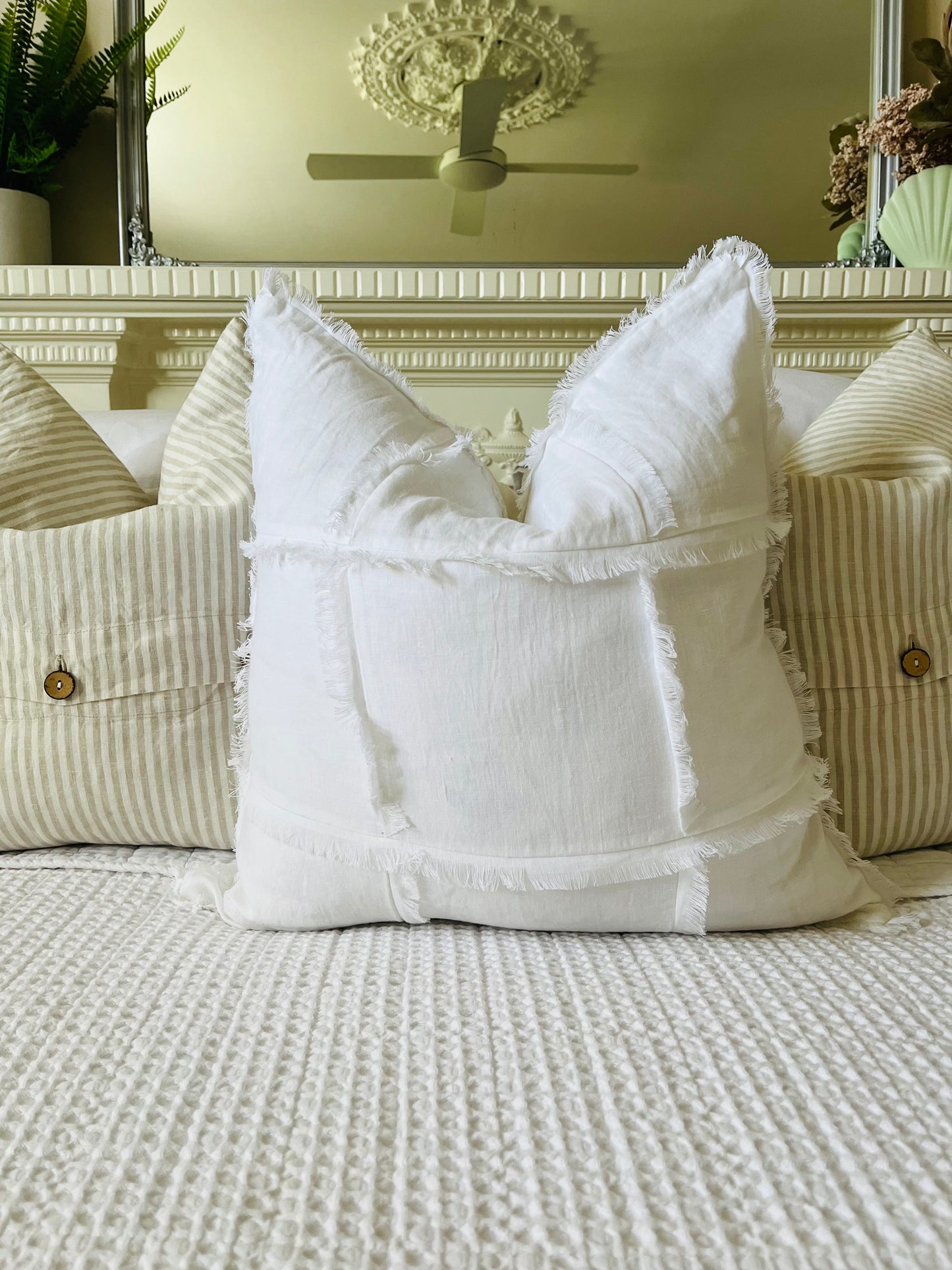 Hand Frayed Feature Design Pure Linen Cushion Cover - White
