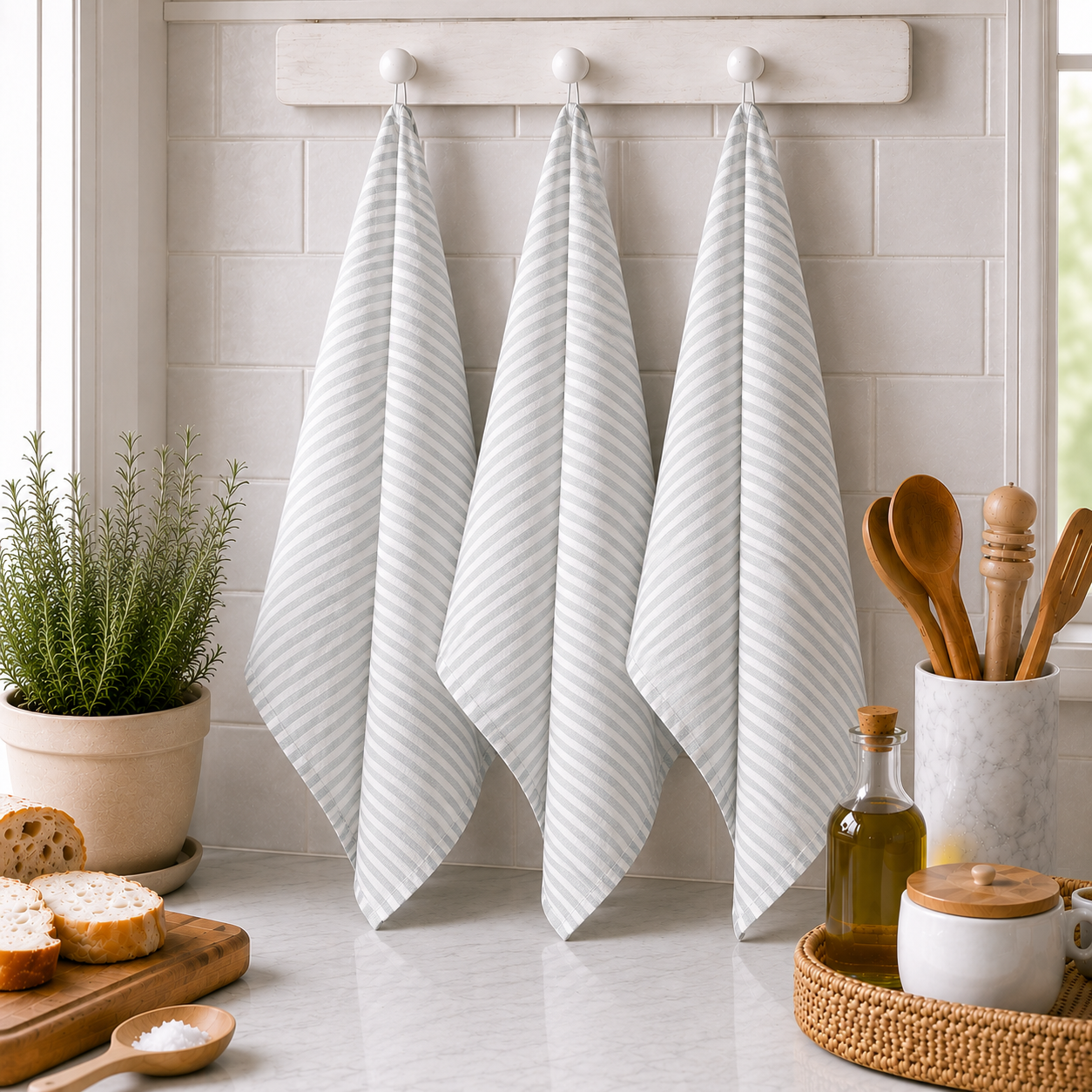 Pure French Linen Tea Towel - Ice Grey Pinstripe