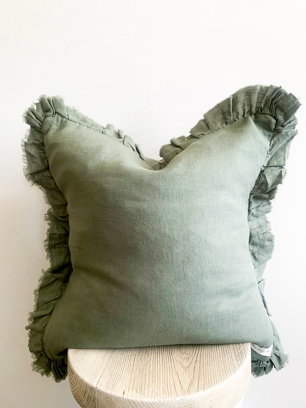 Pure French Linen Frayed Edge Ruffle Cushion Cover - Khaki