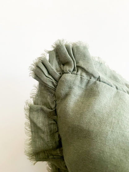 Pure French Linen Frayed Edge Ruffle Cushion - Khaki